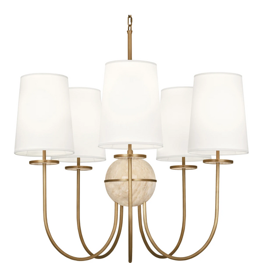 Robert Abbey Aged Brass Fineas 5 Chandelier w/ Travertine Accents